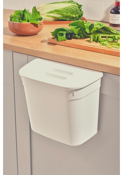 Flosoft Dolap İçi Kapaklı Asılabilir Çöp Kovası, Dolap Kapağı Askılı Çöp Kutusu Krem 7 Litre Krem