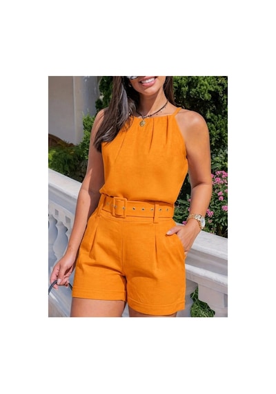 Butik İstanbul Kadın Boyundan Ip Askılı Bluz Ve Kısa Ikili Takım Sarı