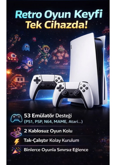 Ultra Retro Oyun Konsolu - 53 Emülatörlü, 2 Kablosuz Kollu 10.000+ Nostalji Oyun Seti