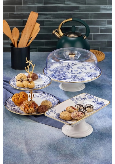 Butterfly 22 Parça Çay Bardaklı Pasta Sunum Tabağı Seti Mavi