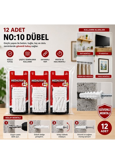 Medalyan Dl-48 Beyaz Plastik Dübel No 10 - 12 Adet- 12'li Paket Diğer
