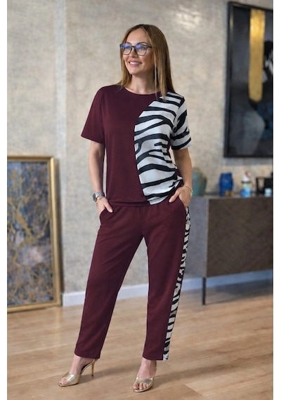 Valensdesign Kadın Kısa Kollu Bisiklet Yaka Zebra Desen Bluz Ve Pantolon Ikili Takım Bordo