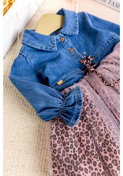 Babymod Denim Leopar Desenli Şık Özel Gün Kız Bebek Elbise Pembe