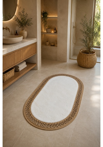El Yapımı Bohem Banyo Paspası 2'li Peluş Kaymaz Jel Taban 40x60 Cm Ve 60x100 Cm Beyaz