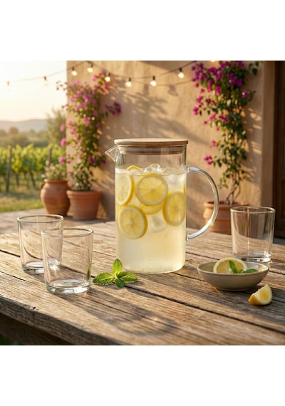 1000 Ml Bambu Kapaklı Borosilikat Cam Yağlık Ve Sürahi - Isıya Dayanıklı Çizgili Line Desenli Modern Meşrubat Ve Su Karafı 9x17 Cm Çok Renkli