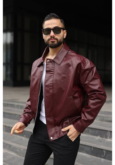 Yeni Sezon Dokulu Oversize Bol Kalıp Bomber Ceket Bordo Karbon Deri