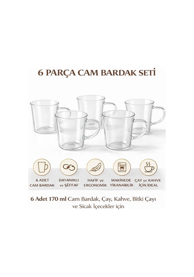 6 Lı Cam Bardak Seti 170 Ml Kulplu Şeffaf Cam Kupa, Çay Kahve Ve Bitki Çayı Bardakları, Bulaşık Makinesinde Yıkanabilir çok renkli