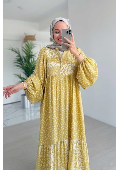 Kahijab Çiçek Desenli Kuşaklı Elbise - Sarı Sarı