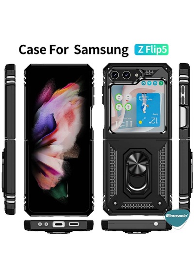 Microsonic Samsung Galaxy Uyumlu Z Flip 7 Fe Kılıf Military Ring Holder Siyah -
