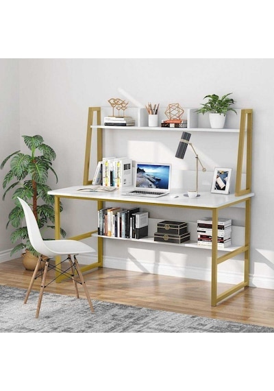 Zizuva Zizuva Tasarım Beyaz Gold Ev Ofis Bilgisayar Raflı Kitaplıklı