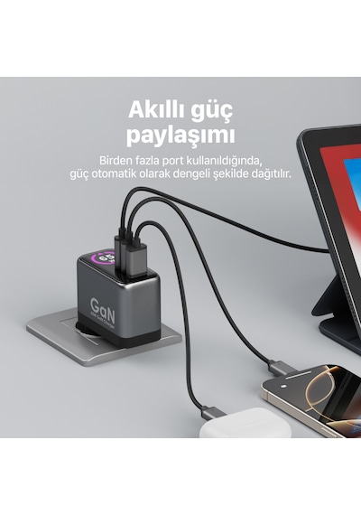 Xenon Smart Hızlı Şarj Adaptörü 65w, Gan, 2x Usb-c Ve 1 Usb-a Çıkışlı, Pd Pps, Dijital Güç Ekranlı X6414