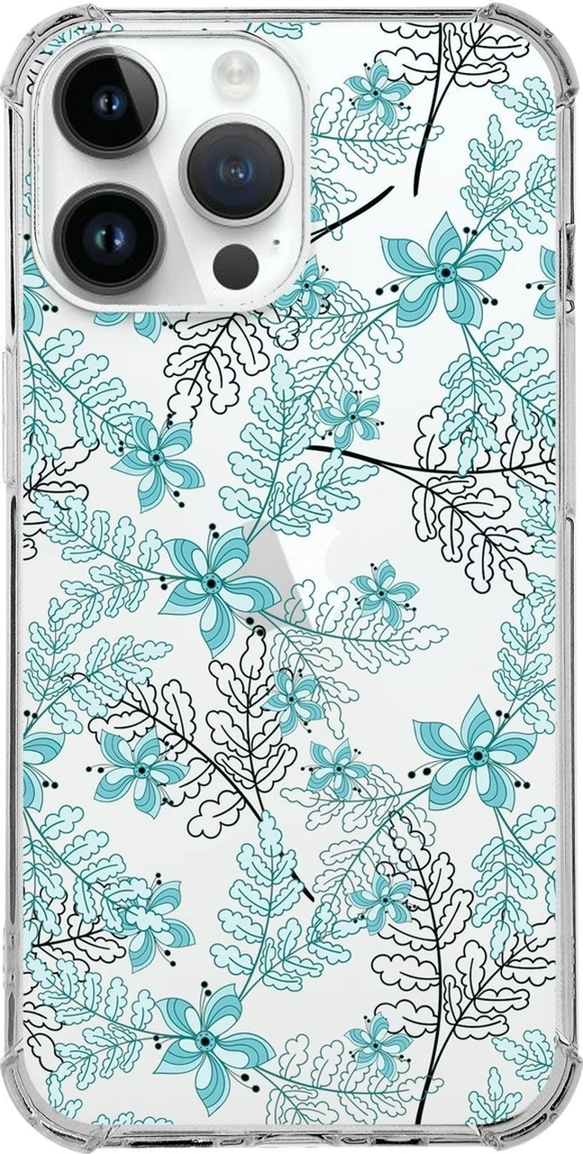 Apple Uyumlu iPhone 14 Pro Max Köşe Korumalı Antişok Kapak Floral Su Yeşili Tasarımlı Şeffaf Kılıf