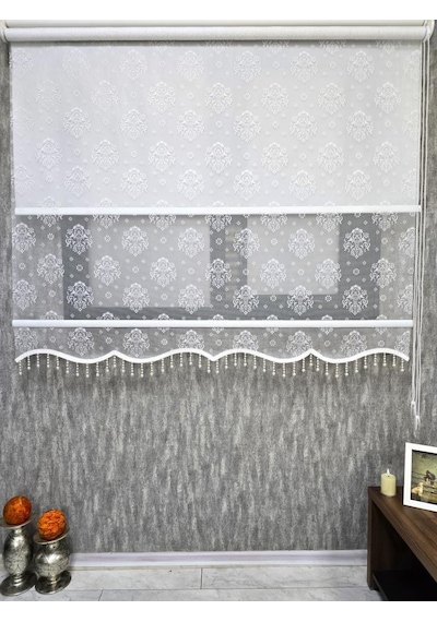 Bbb Çift Mekanizmalı Desenli Boncuklu Tül Ve Stor Perde Ekru Mt3049b 001
