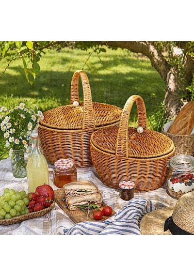 Kosova Wicker 2'li Kulplu Kapaklı Hasır Piknik Sepeti Seti Kahve