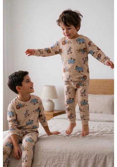 Zuzunga Sevimli Animal Aslan-zebra-fil Desenli Erkek Pijama Takımı Bej