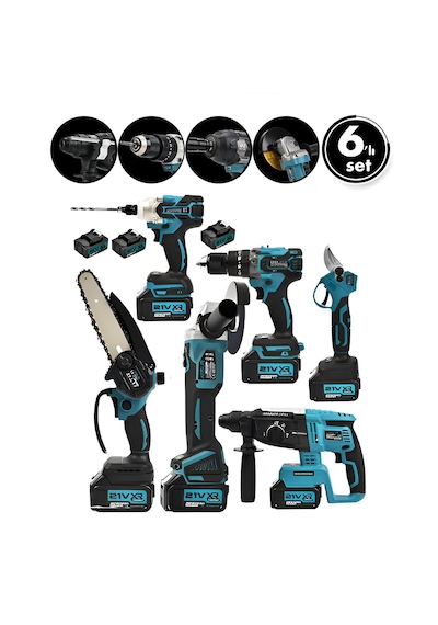 Hmngoakkllby 6pcs Usta Elektrikli Alet Seti Şarjlı 21v Spral Taşlama - Hilti - Bağ Makas - Somun Sökme - Darbeli Vid