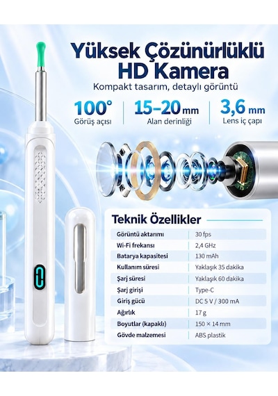 Valkyrie Valkyrie Kameralı Kulak Temizleme Cihazı Wi-fi Hd Kamera Led Işıklı Type-c Şarjlı 8 Parça Set