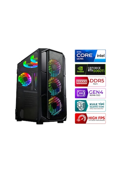 Xaser NORTH X60 Ultra 5 225F 32 GB 1 TB M.2 NVMe SSD 8 GB RTX5060Ti Free Dos Masaüstü Oyuncu Bilgisayarı