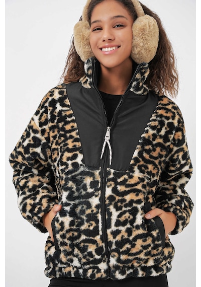 Bigdart Gabria Leopar Desen Fermuarlı Peluş Mont Siyah
