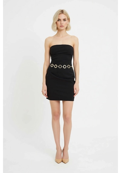 Benerly Kadın Straplez Mini Elbise Zincirli Detaylı Bodycon Kesim Esnek D Siyah
