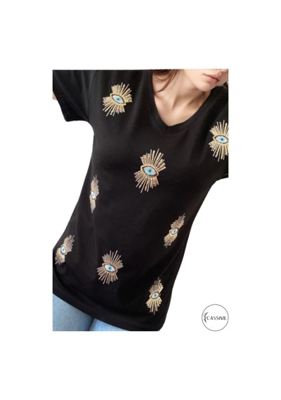 Cassime Kadın Kadın Siyah V Yaka Göz Pul Ve Nakış Işlemeli Tişört S-m-l-xl-2xl-3xl