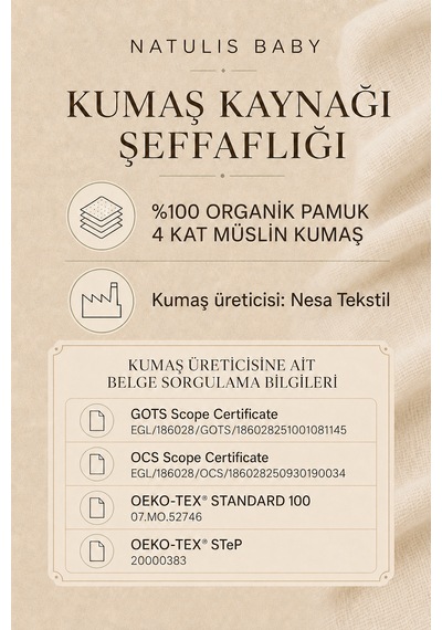 %100 Organik Pamuk 4 Kat Müslin Omuz Bezi 3'lü Set 22x50 Cm Bej Nil Yeşili Gri Bej / Mint Yeşili / Gri 3 Lü Set