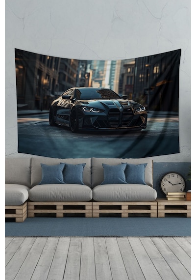Siyah Spor Araba Desenli Duvar Halısı Duvar Örtüsü Tapestry Süet Dokulu Kumaş
