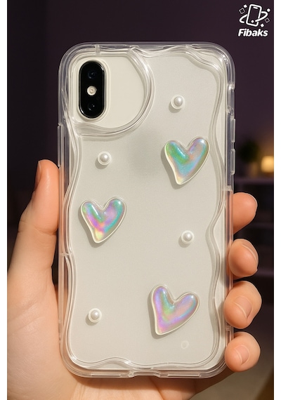 Fibaks iPhone X/xs Uyumlu Kılıf 3d Kalpli İnci Tasarımlı Desenli Kamera Korumalı Şeffaf Silikon Kapak