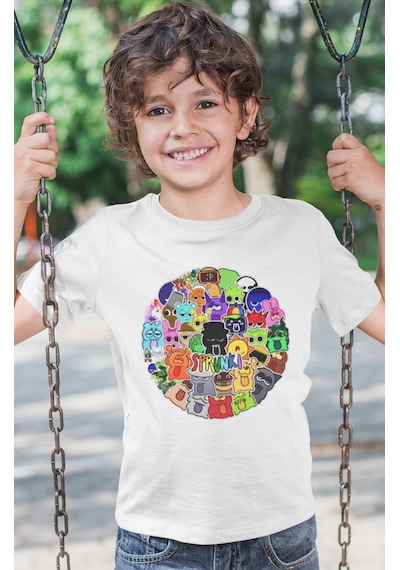 Sevbano Sprunki Baskılı Unisex Çizgi Film Çocuk Tişört 1-12 Yaş Beyaz