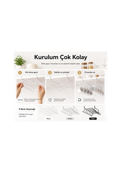 Alper Banyo 10 Kancalı Beyaz Fincanlık, Rafa Geçmeli Fincan Askısı, Dolap Altı Kupa Düzenleyici, Montajsız Metal Diğer