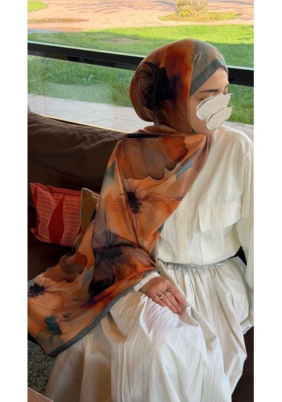 Qalortex Scarf Pamuklu Rosaly Desen Şal-mint/orange