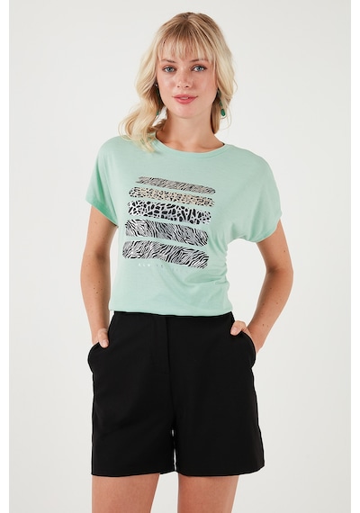 Lela Baskılı Bisiklet Yaka Regular Fit Bayan T Shirt 6671003 Mint