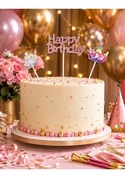 Pasta Üstü Çubuklu Happy Birthday Taşlı Pullu 3 Parça Süs Doğum Günü Parti Dekoru +3