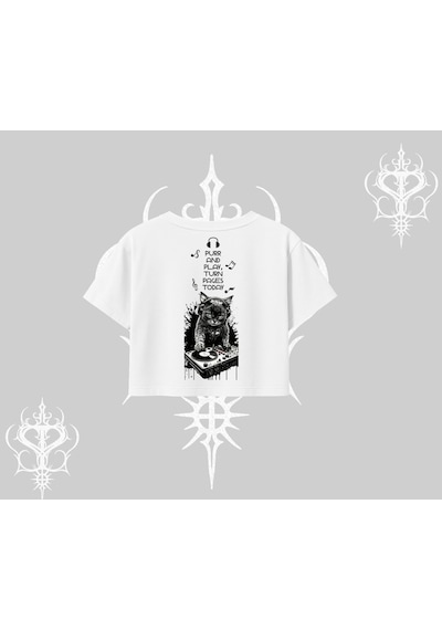 Tarzsokak Dj Kedi Baskılı Müzik Temalı Oversize Crop Tshirt Beyaz