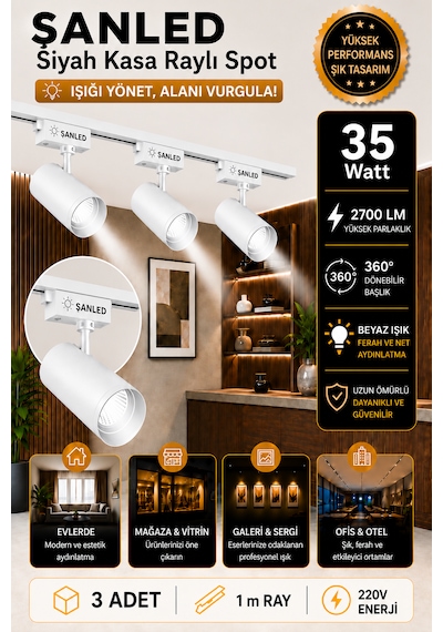 Led Beyaz Kasa Beyaz Işık 35w Raylı Spot / 3 Adet 1 Metre Ray