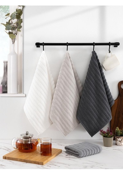 Mutfak Havlu Şal Seti 4 Lü Ramla Softline Çizgili Dokuma Renkli - 40x65 Cm Antrasit - Krem