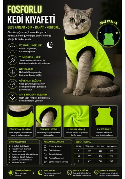 Fosforlu Kedi Kıyafeti Gece Parlayan Boydan Geçirmeli Neon Yeşil Kedi Tişörtü
