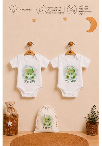 Pia Baby İsme Özel Erkek Bebek Hediye Seti 2'li %100 Pamuk Organik Baskılı Çıtçıtlı Body Zıbın Ve Ham Bez Bebek Kıyafet Kesesi 2067b2k3x Krem