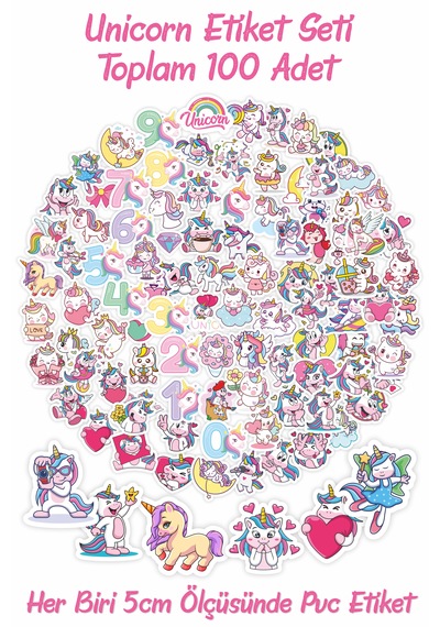Unicorn Etiket Seti - 5cm - Toplam 100 Adet Etiket
