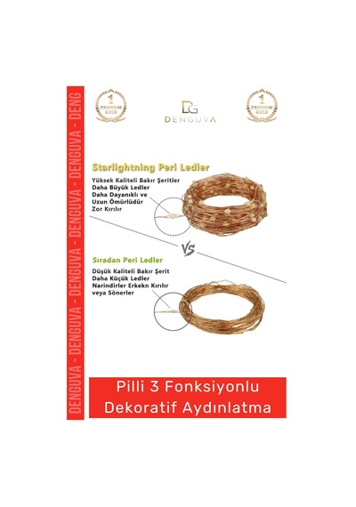 Ledlamba Peri Led Lamba 3 Fonksiyonlu 5 Metre Sarı Işık Dekoratif Yılbaşı Çam Ağacı Ev Süsleme