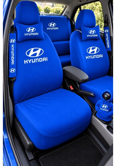 Hyundaı Mavi Süper Set Dörtlü Servis Kılıfı + İkili Yastık Ve Kemer Kılıfı +vites Poları
