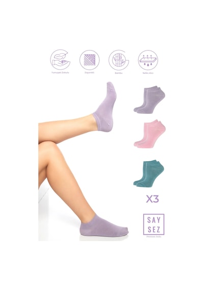 Saysez Bambu Kadın Patik Düz Pembe-lila-su Yeşili Çorap Dikişsiz Premium 3'lü Paket Renkli