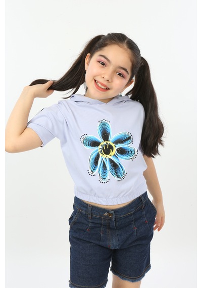Toontoy Kids Toontoy Kız Çocuk Önü Çiçek Baskılı Tişört Mavi