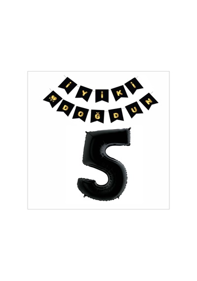 5 Yaş Siyah Folyo Balon+ Siyah Gold Banner