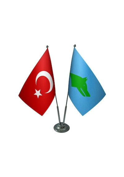 Masa Üstü Göktürk Bayrağı Türk Bayrağı İkili Krom Direk Masa Bayr