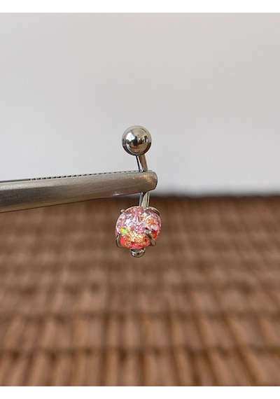 316 L Cerrahi Çelik Anti Alerjik 10 Mm Pembe Opal Taşlı Göbek Piercingi Beyaz