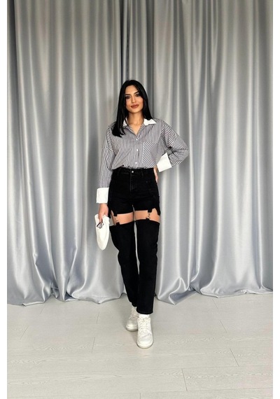 Siyah Askılı İki Parça Jeans Pantolon Siyah