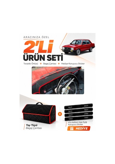 E-biz Tofaş Murat 131 1977-1988 Uyumlu Torpido Örtüsü + Tay Tüyü Çanta - Siyah-kırmızı - Tf005