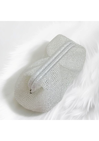 Embahandmde El Yapımı Beyaz Metalik Örgü Clutch Çanta Gelin Çantası Abiye Davet Çantası