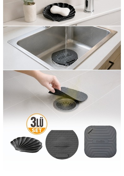 3'lü Gri Silikon Gider Kapağı Sabunluk Evye Süzgeci Seti Banyo Mutfak Koku Önleyici